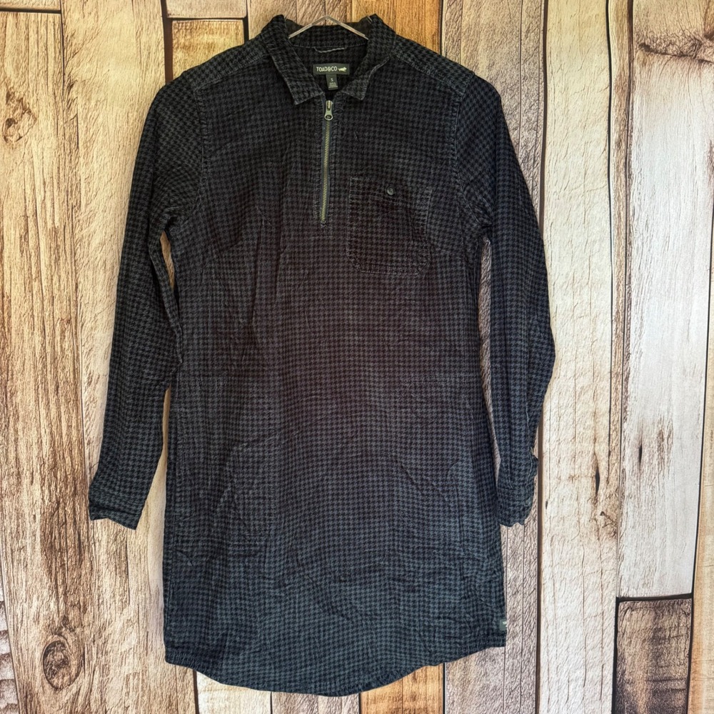 Toad&Co Cruiser Cord Popover Dress Black Houndstooth Corduroy Small Eco‎ Cotton